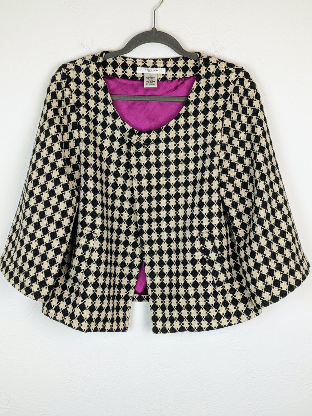 Vertigo Paris Blazer Jacket Wool Diamond Mod Jackie O Vintage Black Cream Size M